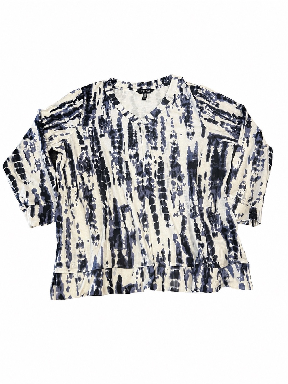 Ellen Tracy XXL Blue Abstract Tie Dye Print V-Neck Tunic Sweater Top with Pocket